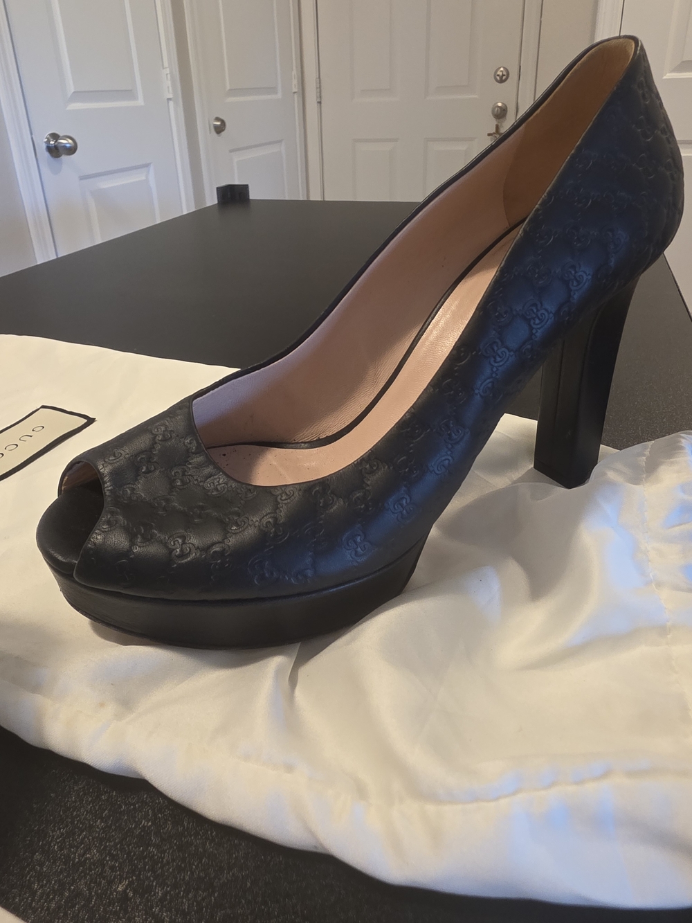 GUCCI Embossed GG Black Peep-Toe Platform Pump - Microguccissima